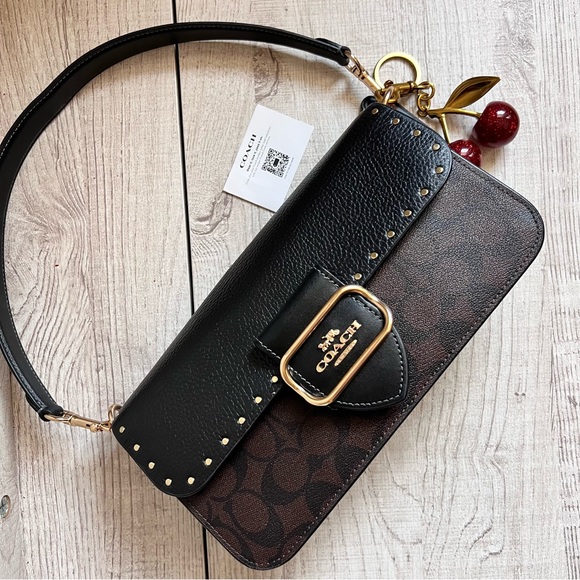 Coach Morgan Shoulder Bag In Colorblock Signature Canvas With Rivets - Picture 4 of 9